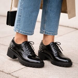 Zara Black Studded Platform Loafers Size 41-Chunky Grunge Oxford Style